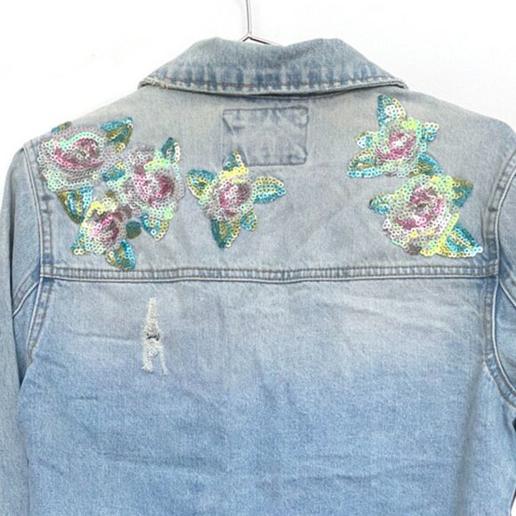 Forever 21 Women's Sequined back Denim trucker Jacket, light blue, Small - Picture 7 of 7
